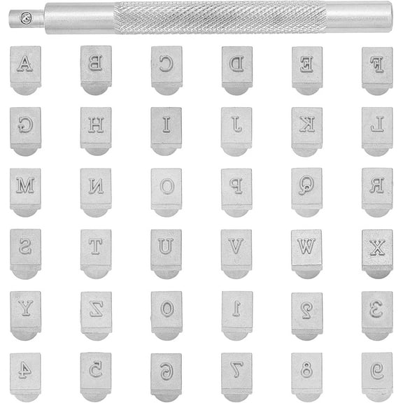 1 Set Leather Stamping Tool Kits Including Alloy Steel Number & Letter Stamp Head Stainless Steel Color 140x88x18mm stamps: 13.1x10x8mm 36stamps/set