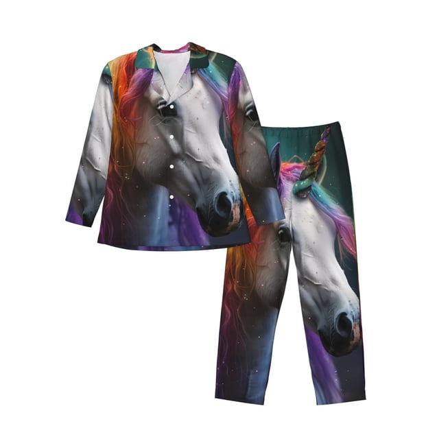 Fotbe Colorful Haired White Horse Pijama de Hombre con Estampado de Manga Larga, Conjunto de 2 Piezas, Ropa de Dormir Suave y Cómoda con Bolsillos-X-Large
