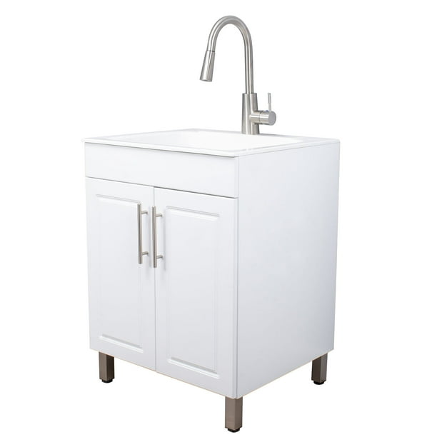 White Laundry Cabinet Vanity Utility Sink With High Arc Stainless Steel Faucet And Fiberglass Tub Com - Fiberglass Bathroom Farm Sink Mixer