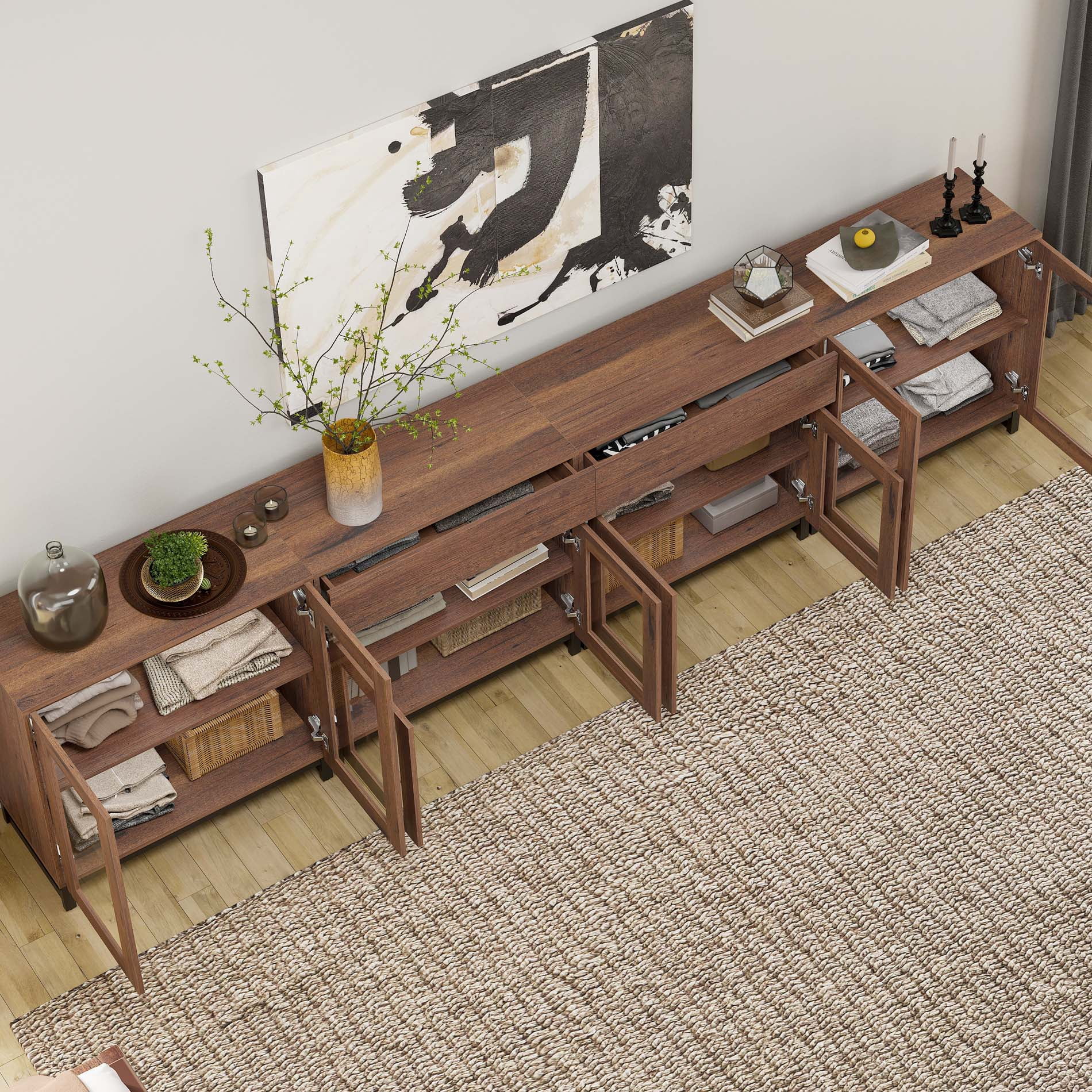 Modern 4-in-1 TV Stand, Entertainment Center with Glass Doors, 2 Drawers & Adjustable Shelf, Media Console for Living Room Bedroom, Fits TVs up to 120 Inch,Brown