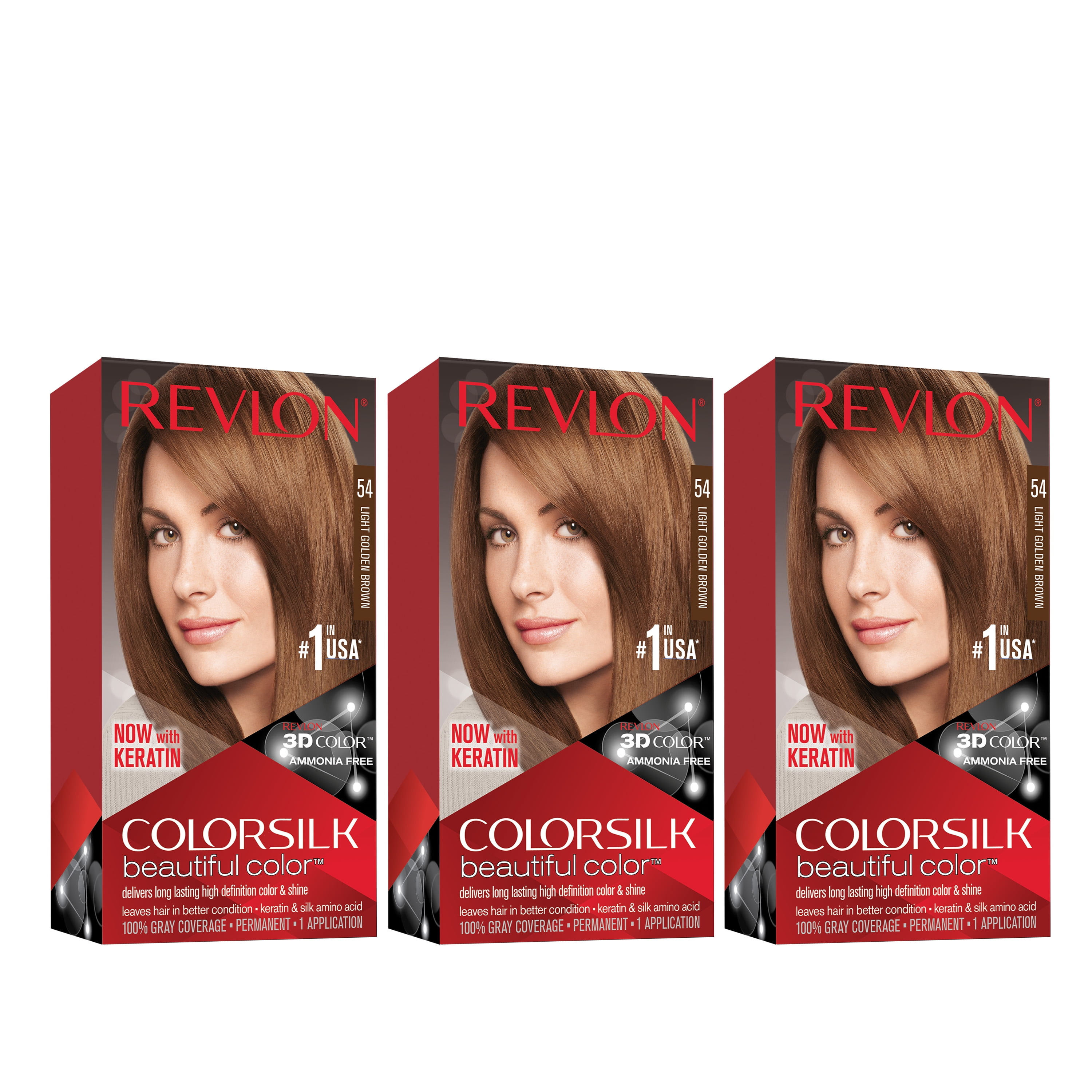 Revlon ColorSilk Beautiful Permanent Hair Dye, Dark Brown, At Home Full  Coverage Application Kit, 54 Light Golden Brown, 3 Pack 