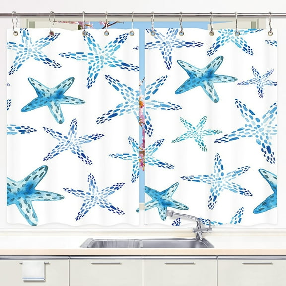 Blue Kitchen Curtains, Artistic Starfish Ocean Beach Decor Window Drapes Curtains 2 Panels Set Fabric Short Window Treatment Sets With Hooks, 42x45 Inches