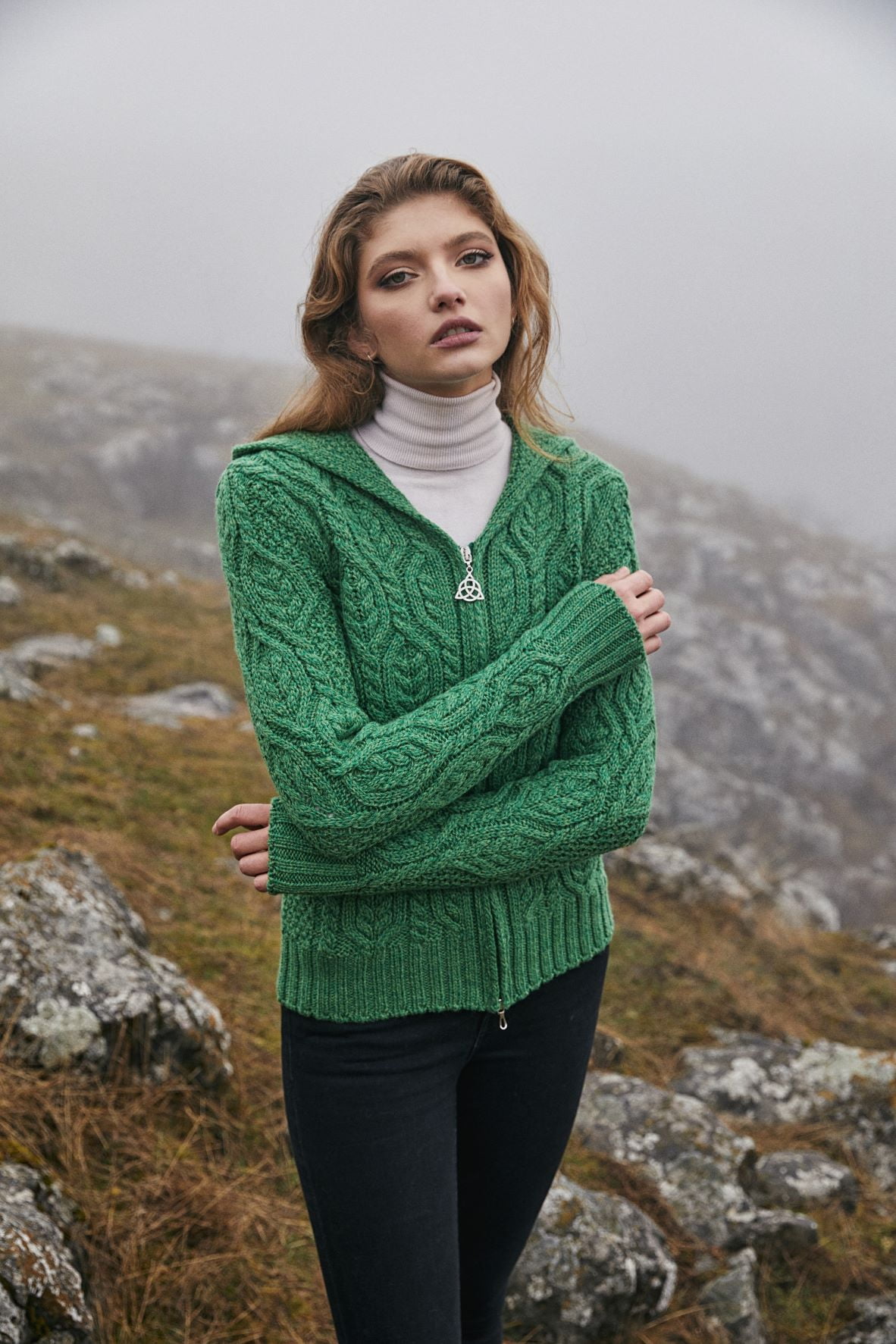 SAOL 100% Merino Wool Women's Aran Zip Cardigan Sweater Irish 