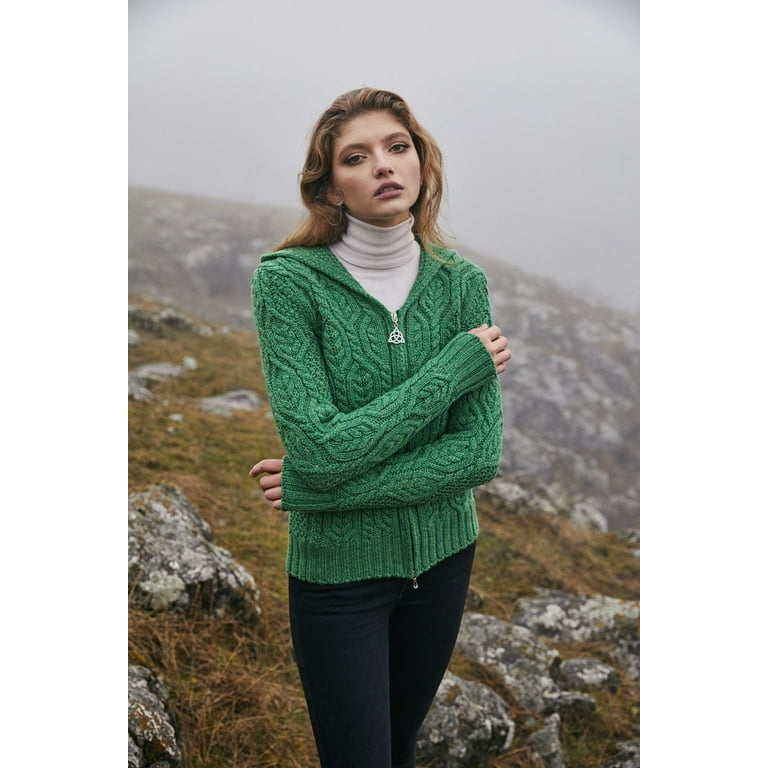 SAOL 100% Merino Wool Women's Aran Zip Cardigan Sweater Irish Cable Knit  Hooded Coat Jacket Made in Ireland 