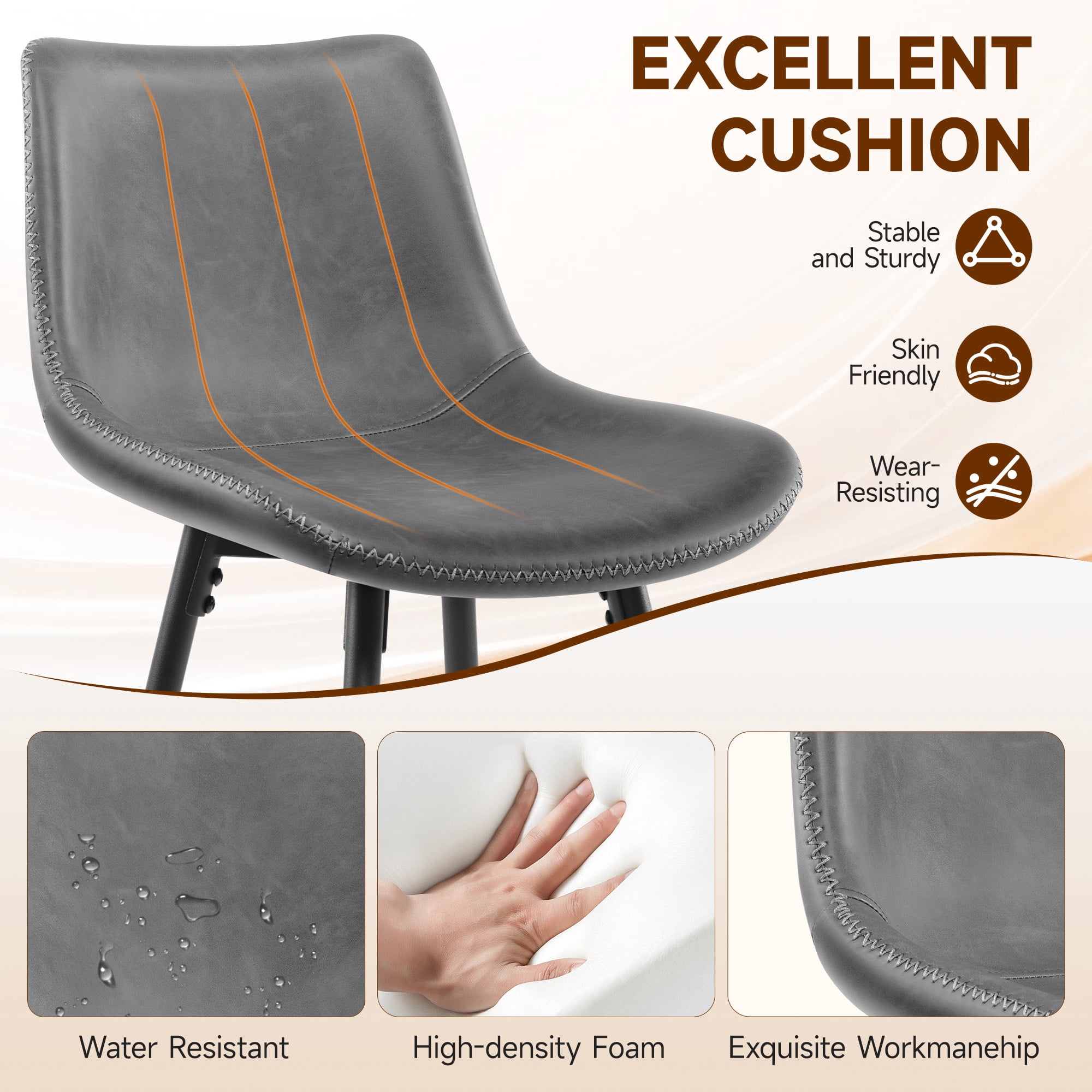 COOLHUT 24 Inch Bar Stools Set of 2, Counter Height Bar Chair with Footrest, Upholstered Faux Leather Bar Chair, Counter Stools with Sturdy Metal Legs, Heather Gray