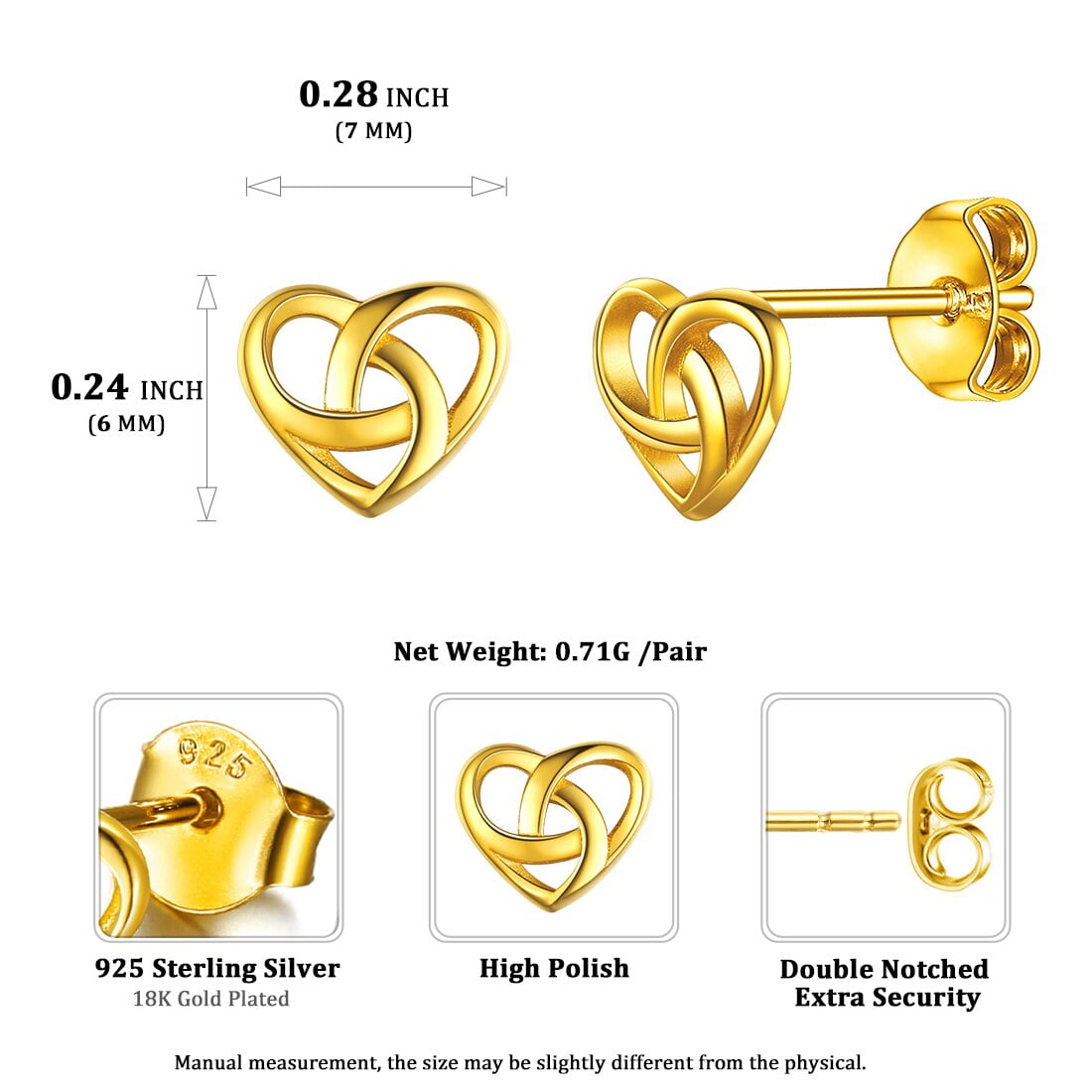 ChicSilver Gold Plated Stud Earrings Celtic Knot Sterling Silver Heart Earring for Women Hypoallergenic Jewelry | Clearance