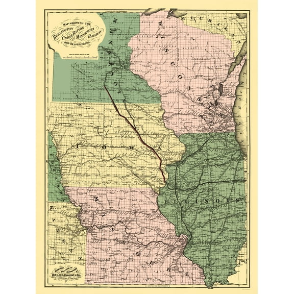 Railroad Map - Burlington Cedar Rapids and Minnesota Railway - Colton 1868 - 23 x 30 - Vintage Wall Art