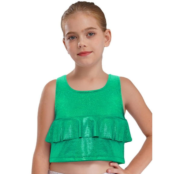 TSSOE Kids Girls Sparkly Metallic Ruffle Modern Hip Hop Jazz Ballet Dance Vest Stage Performance Tank Crop Tops Dancewear Green 2-6