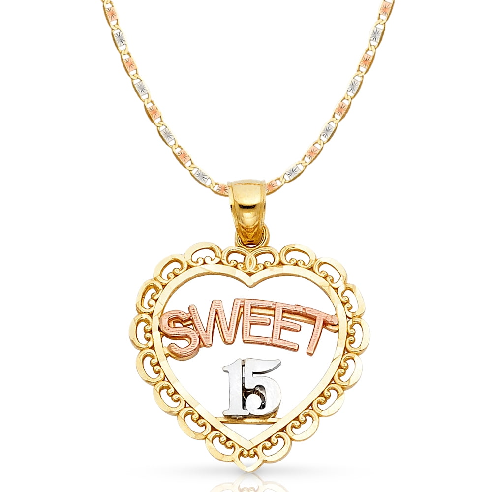 14K Two Tone Gold 15 Years Quinceanera Years Heart Charm Pendant For Necklace or Chain
