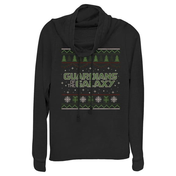 Junior's Guardians of the Galaxy Holiday Special Christmas Sweater Print  Cowl Neck Sweatshirt Black X Small