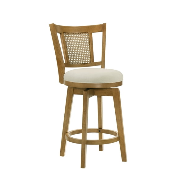 Armen living Isla 30 in. Amber Glow Bar Height Rubberwood Swivel Barstool with Ivory Fabric Seat