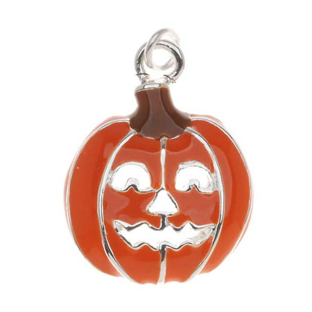 Silver Plated With Orange Enamel Halloween Jack-O-Lantern Pumpkin Charm (1)