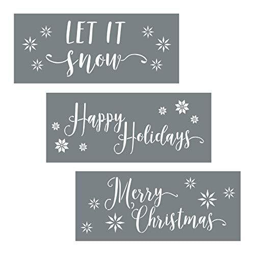 3 Pack of Christmas Stencils - Includes the Phrases Let is Snow + Happy