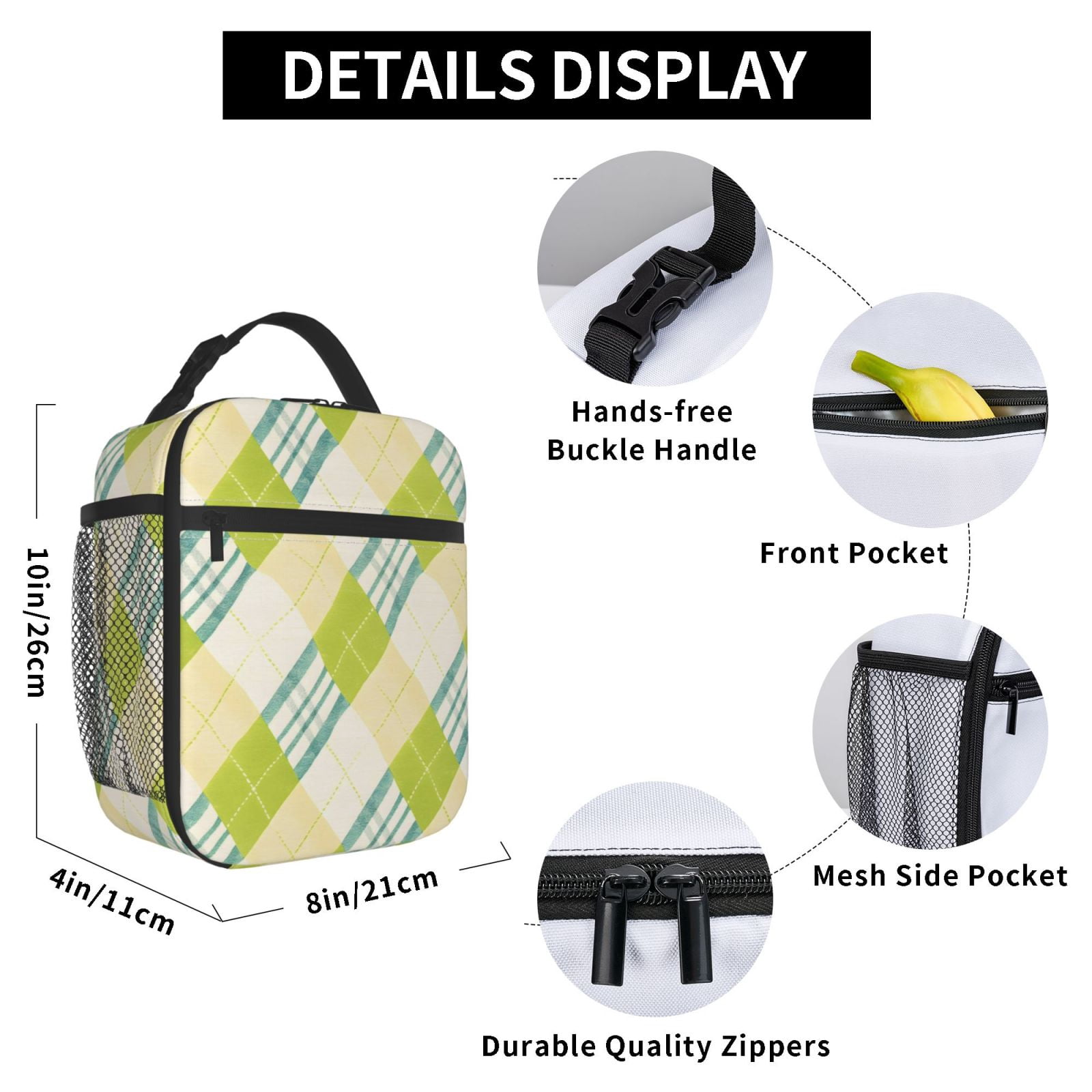 Lunch Bag For Women Men Insulated Portable Lunch Box Bento Box Office Picnic Travel Cooler Bag Lime Houndstooth Hand-Drawn Sketch_1