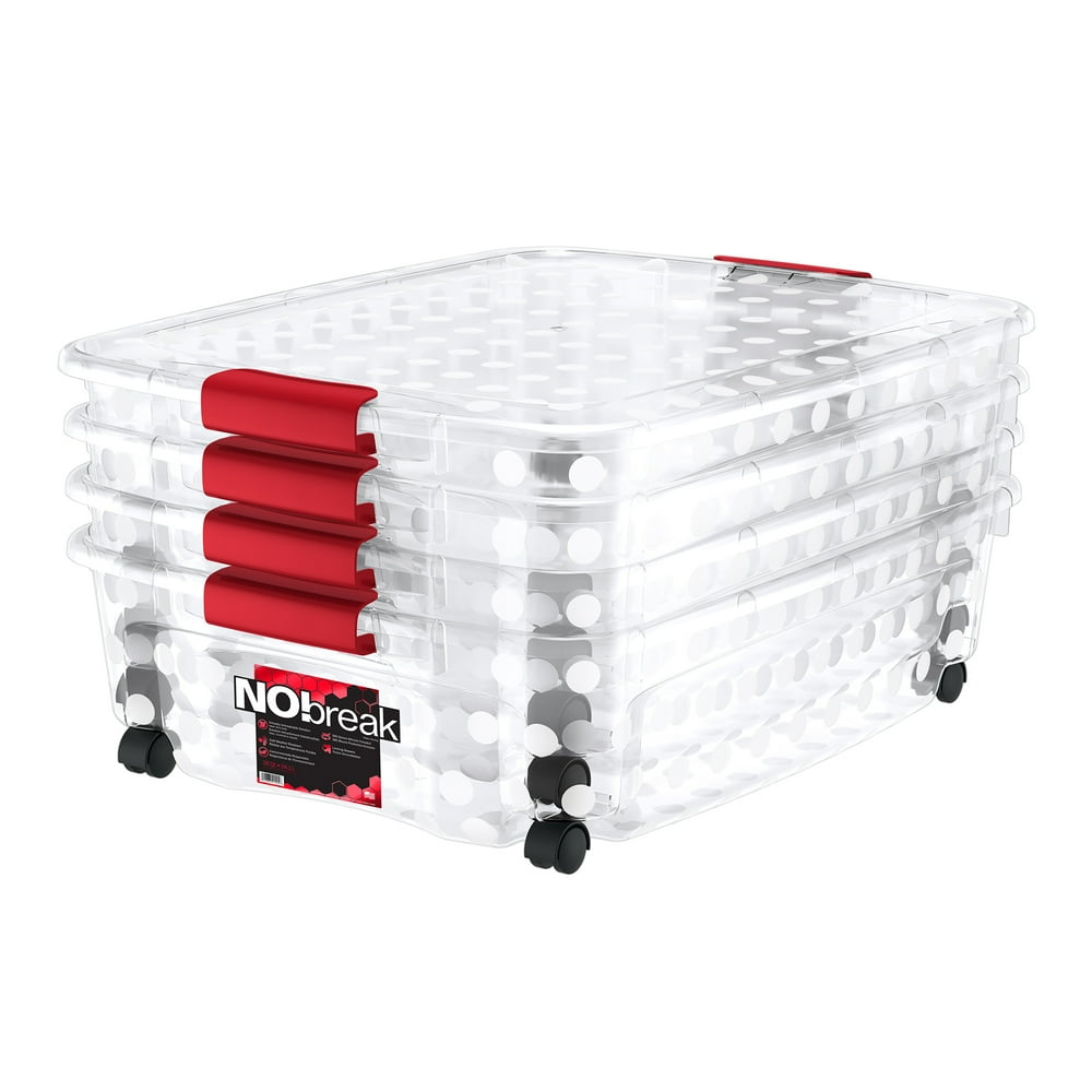 NO!break Polka Dots 36 Quart Underbed Locking Lid Storage 360° Swivel Wheels 4PK