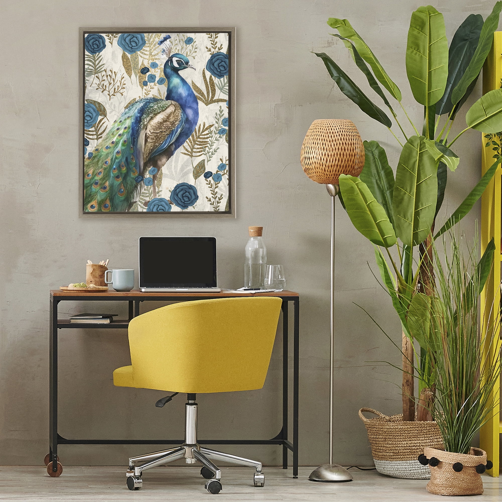 Stupell Industries Peacock Pride Botanicals Brown Framed Floater Canvas Wall Art, design by Kim Allen