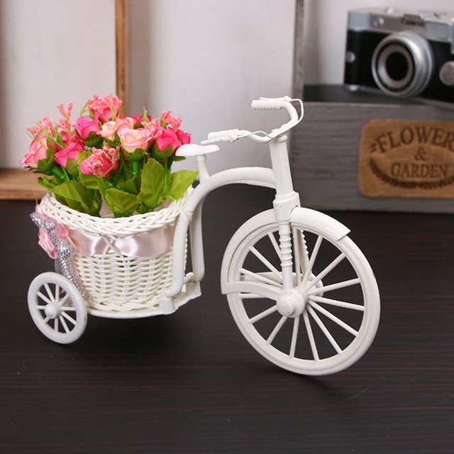 Nuevo diseño, triciclo, bicicleta, decoración, cesta de flores, jarrón blanco de plástico, almacenamiento de flores, hogar, boda, fiesta, decoración DIY, maceta Kuyhfg Bienvenido a Kuyhfg