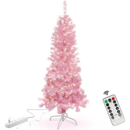

4.5ft Small Pink Christmas Tree with Lights Light Pink Artificial Christmas Tree with 350 Branch Tips 8 Lighting Modes and Remote Timer for Girls Room Christmas Party Office Mall Decorations