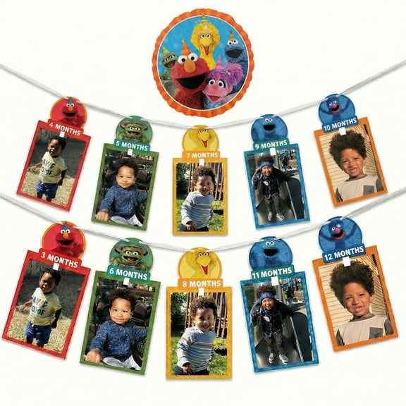 Sesame Street 1st Birthday Monthly Milestone Photo Banner Set - 12 Month Photo Garland w/ Elmo Cookie Monster Big Bird Clips 17" Foil Balloon | 1 Pc.