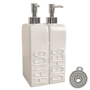Arikago Soap Dispenser Set with Funnel, Non-Slip Silicone Pads, 2 Pack Ceramic Refillable Dish Soap and Hand Soap Dispenser for Kitchen, Bathroom, Matte White