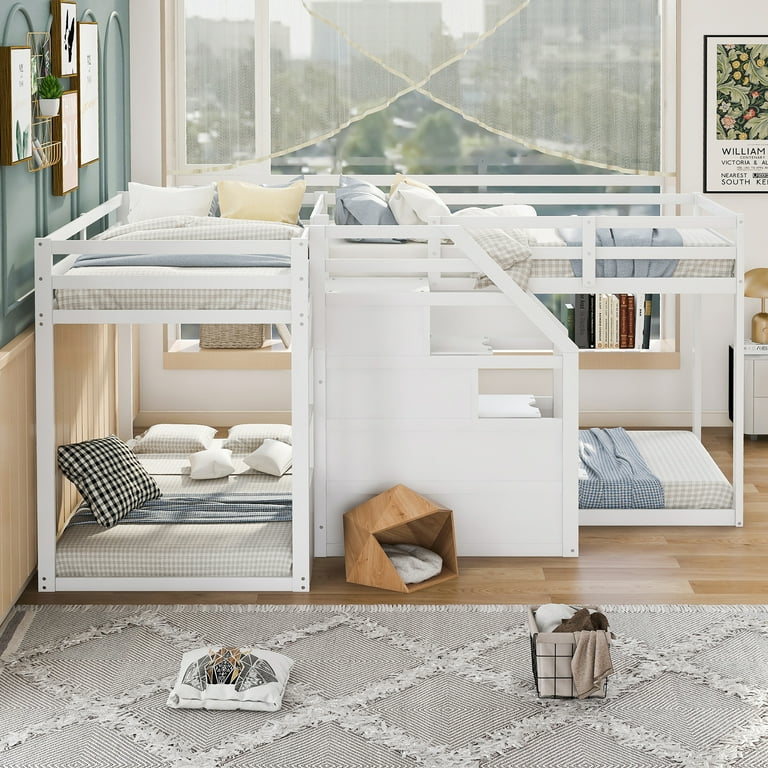 CHURANTY Twin Over Twin Quad Bunk Beds Wood L Shaped Bunk Beds