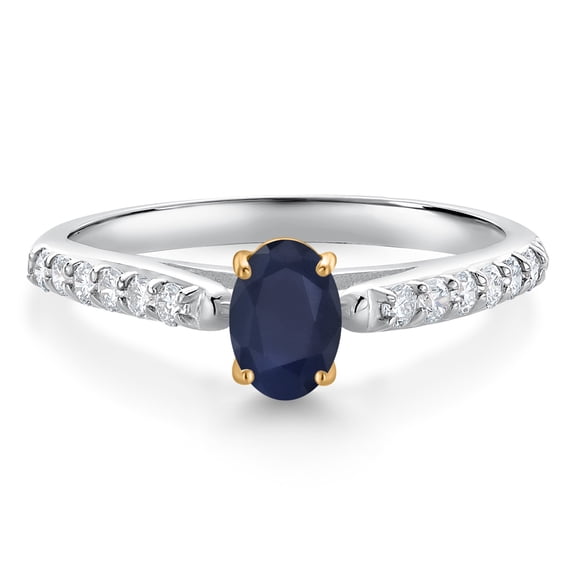 Gem Stone King 925 Sterling Silver and 10K Yellow Gold Blue Sapphire and White Lab Grown Diamond Engagement Ring for Women (0.74 Cttw, Oval 6X4MM, Gemstone September Birthstone, Size 7)