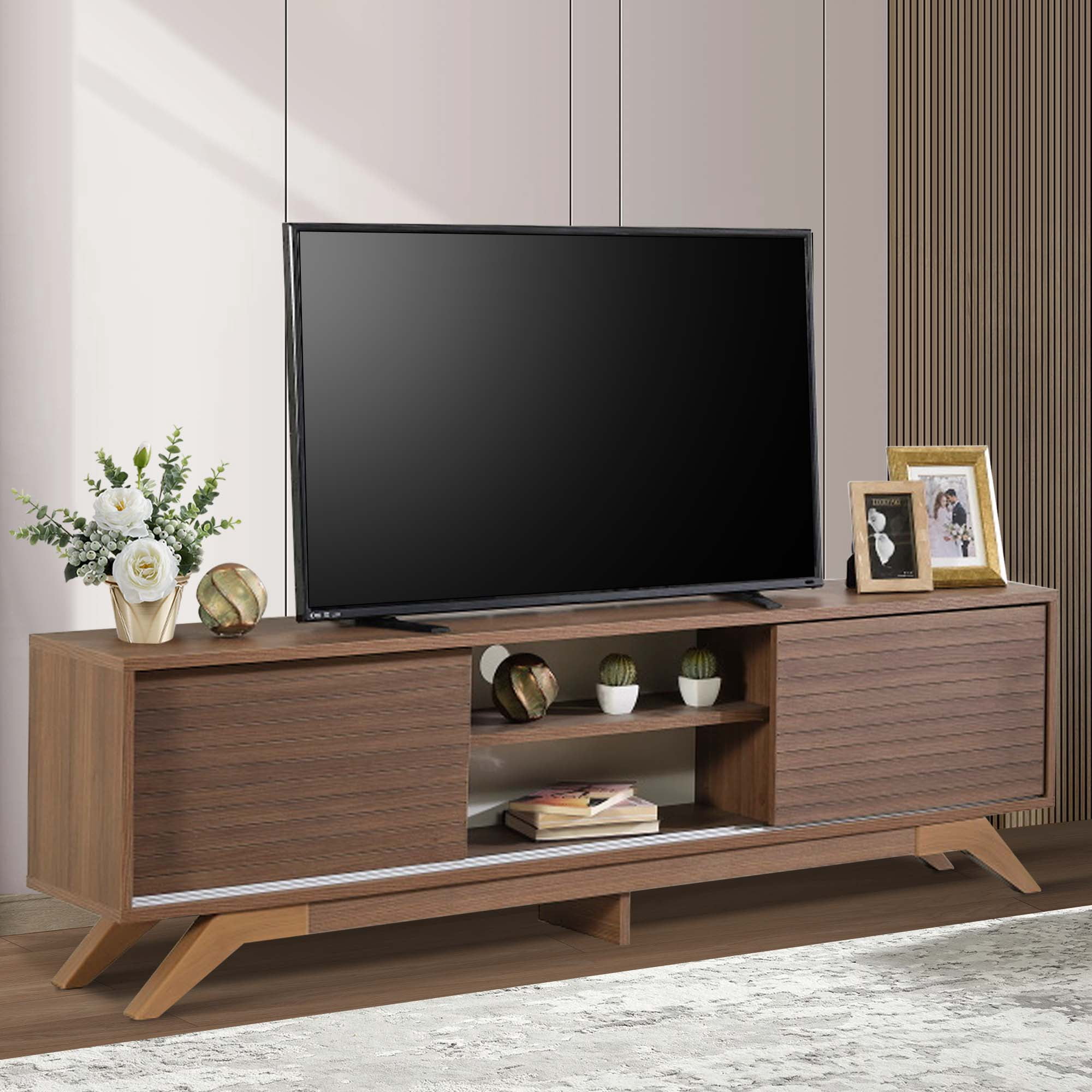 Aukfa Modern TV Stand for TVs up to 70" - TV Cabinet with 2 Sliding Door for living Room - Walnut