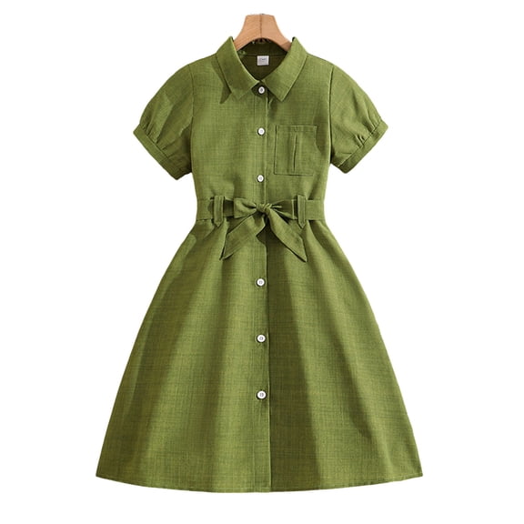 Afuyipoi Girls Shirt Dress,Polo Collar Adjustable Belt Comfortable Casual Dress Green 11-12