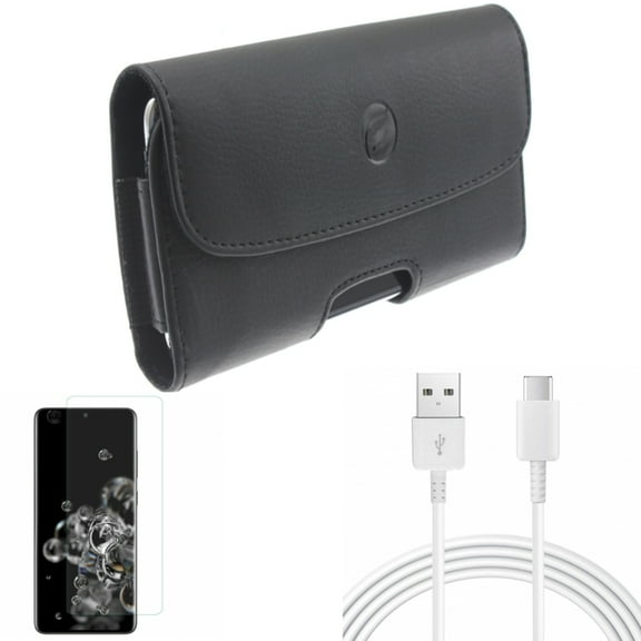 10ft USB-C Cable w Screen Protector w Case Belt Clip for Samsung Galaxy S20 Ultra - Type-C Charger Cord Power, Tempered Glass [Fingerprint Unlock] 3D Curved Edge, Leather Holster fits Galaxy S20 Ultra