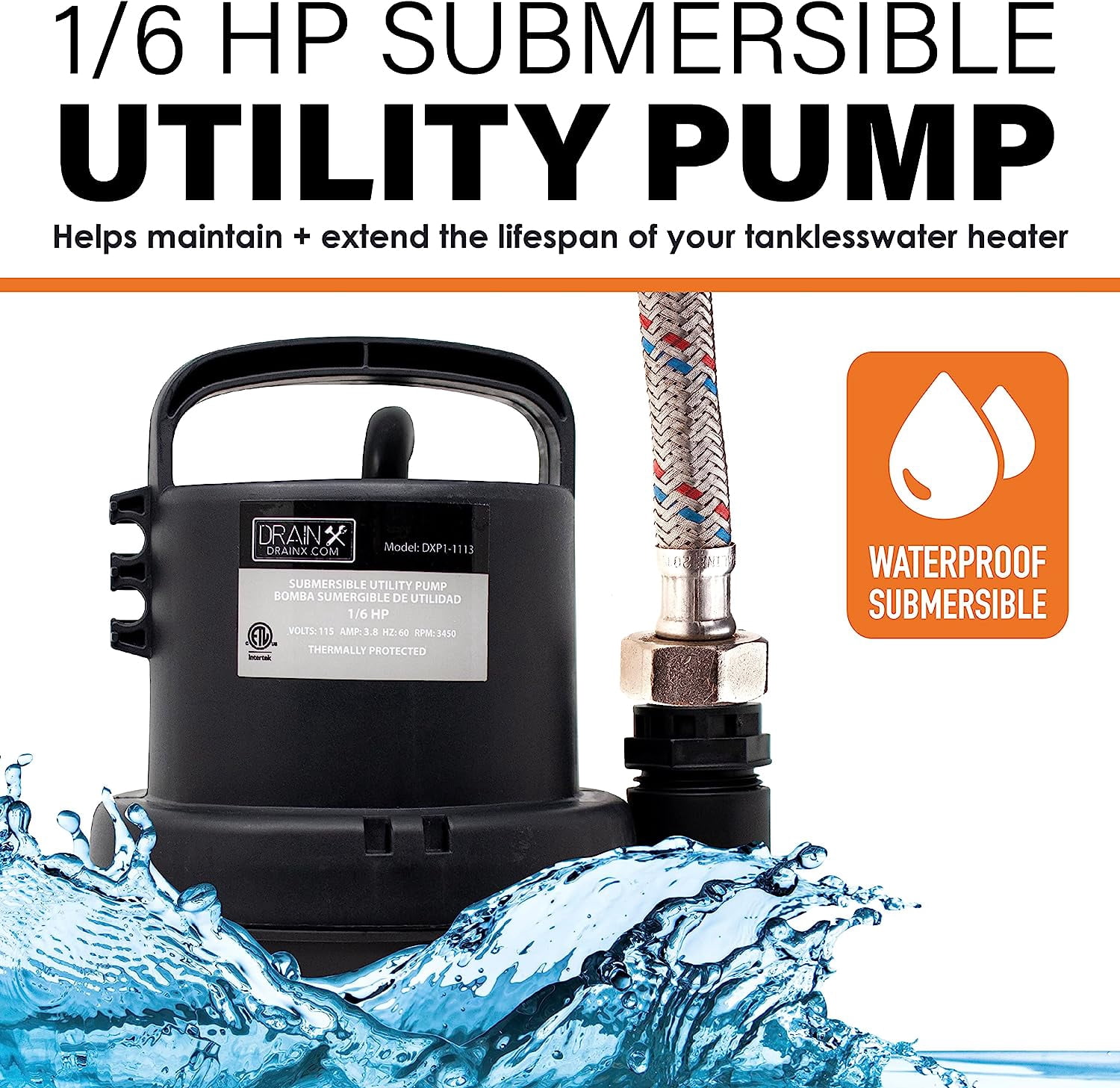 DrainX Tankless Water Heater Flush Kit with 1 Gallon Descaling Solution, 1/6 HP Pump and 6 ft Hoses