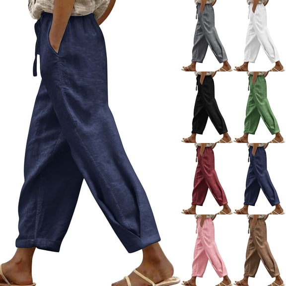 Delayuji Linen Pants Women Summer Casual Capri Pants for Women with Pocket Drawstring Loose Lightweight Pants High Elastic Waisted Trousers Pants for Women