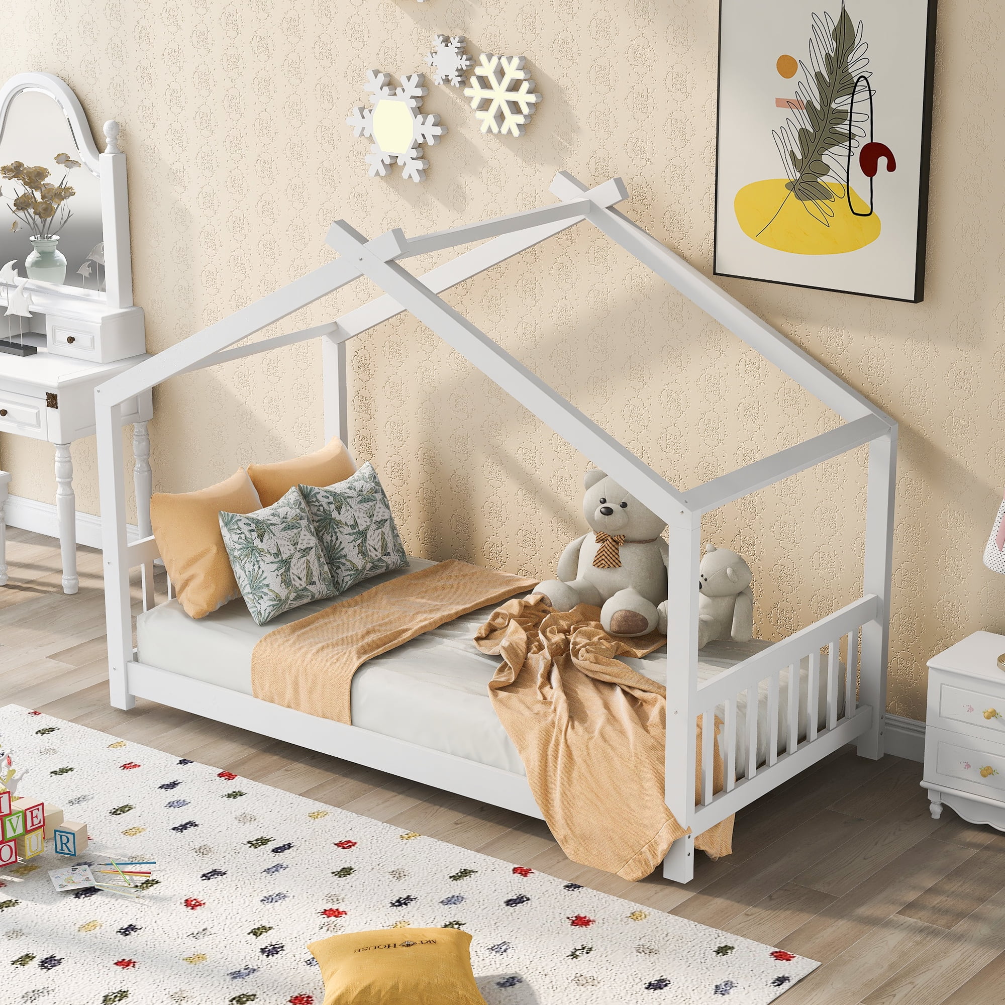 Twin Size Adjustable Bed Base, Twin Size House Platform Bed with Headboard and Footboard,Roof Design,White, White Bed Frames,Pine Platform Bed Frames
