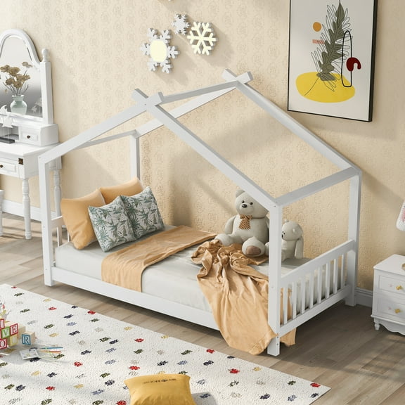 Yoneston Twin Size House Platform Bed with Headboard and Footboard, House Roof Design Bed Frame for Kids, White