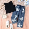 thumbnail image 2 of Wxirdiow Baby Girl Clothes Girls Summer Clothes 2 Piece Outfits Sleeveless T-Shirt and Wide-Leg Jeans Cute Clothing Set Black Size,2-3 Months, 2 of 9