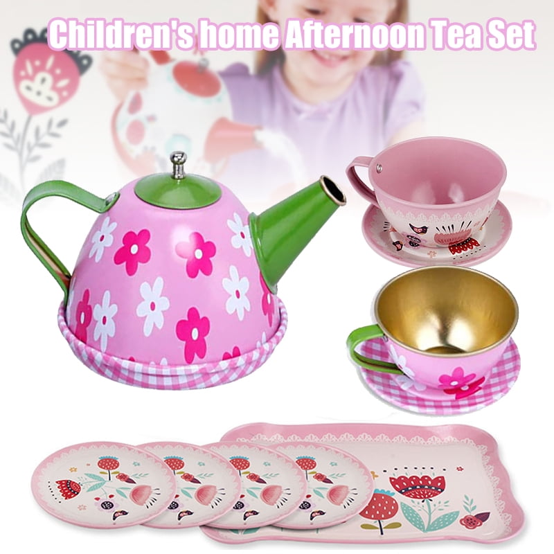 Flower & Birds Pretend Tin Tea Party Set for Little Girls,Metal Teapot Cups Set with Carrying Case and Cupcake Pretend Play Foods,Include Play Tea Pot,Tea Cups,Plates & Saucers,Cute Role Play Toys 