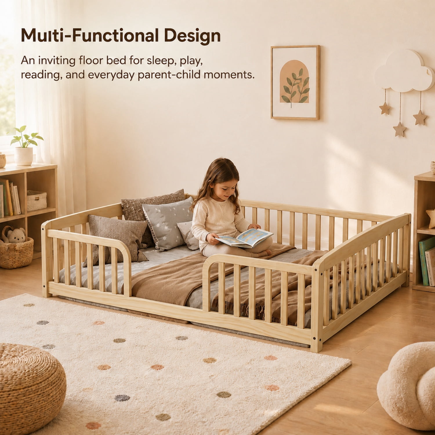 Miniyam Full Size Floor Bed with Guardrails, Low Profile Wooden Kids Bed Frame with Rounded Entrance, Natural