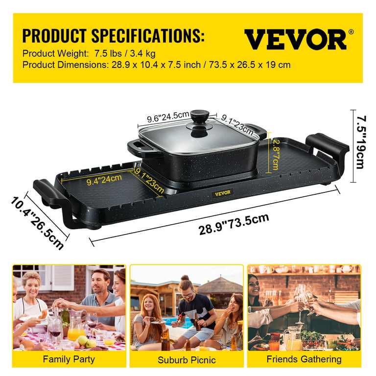 VEVOR 2 in 1 BBQ Grill and Hot Pot with Divider Aluminum Alloy Electric BBQ Stove Hot Pot Separate Dual Thermostat Teppanyaki Grill Pot with 5 Speed