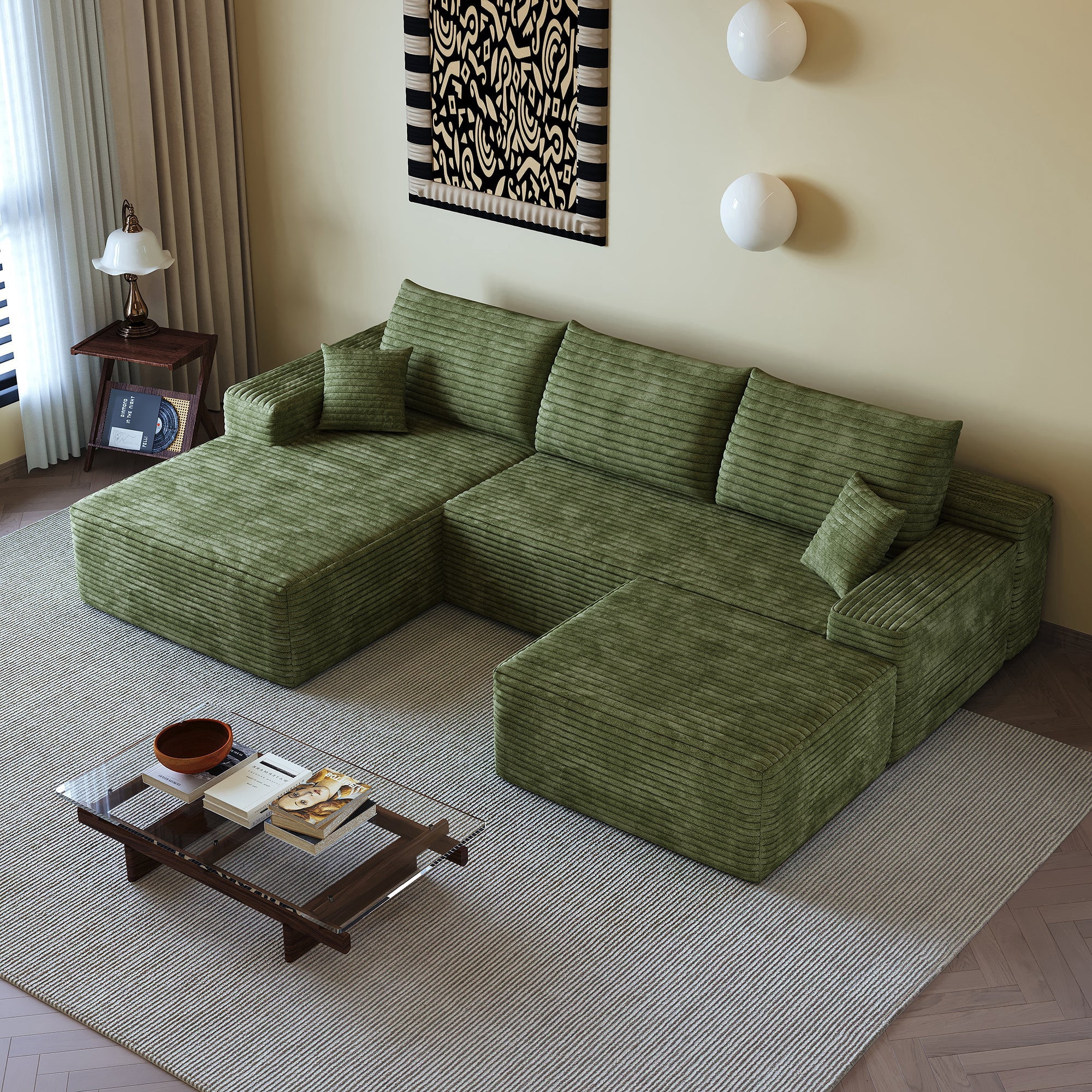Sailvan 107" Cloud Sectional Couch, Cloudy Sofa with L-Shape Chaise & Ottoman, Upholstered Couches for Living Room & Bedroom, No Assembly Required, Plush Corduroy Fabric, Green