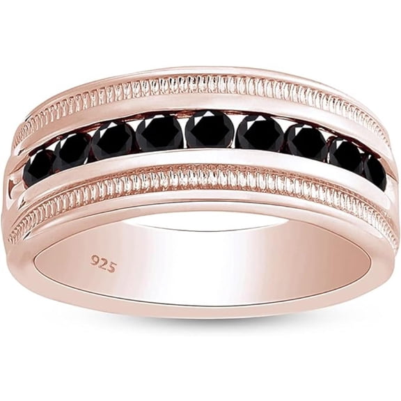 Channel Set Enhanced Round Cut Black Diamond Band Ring Jewelry For Men in 14k Rose Gold Over 925 Sterling Silver