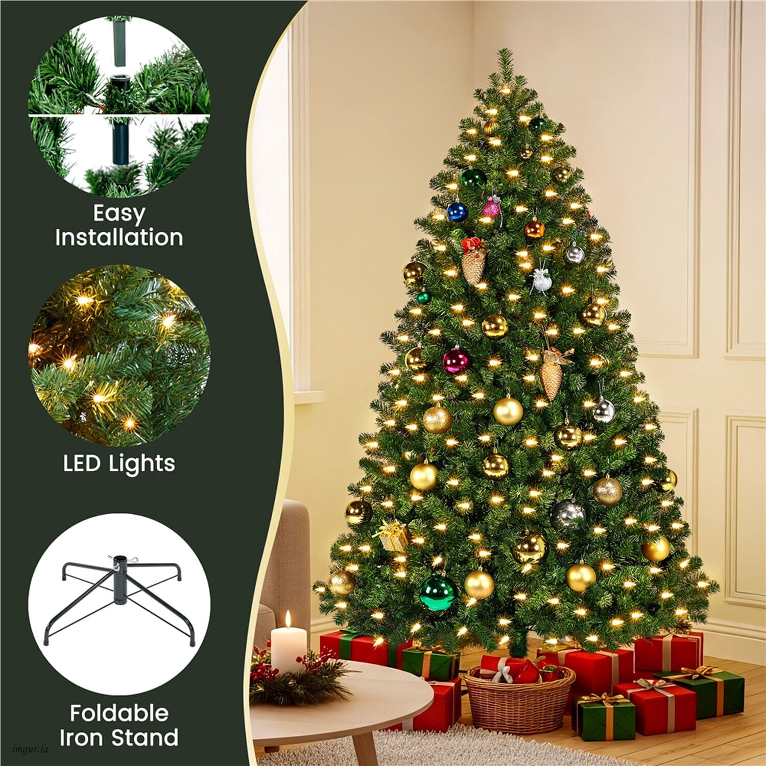 Alden Design 6FT Pre-lit Artificial Hinged Christmas Fir Tree with Stand and 300 LED Warm Lights,Green