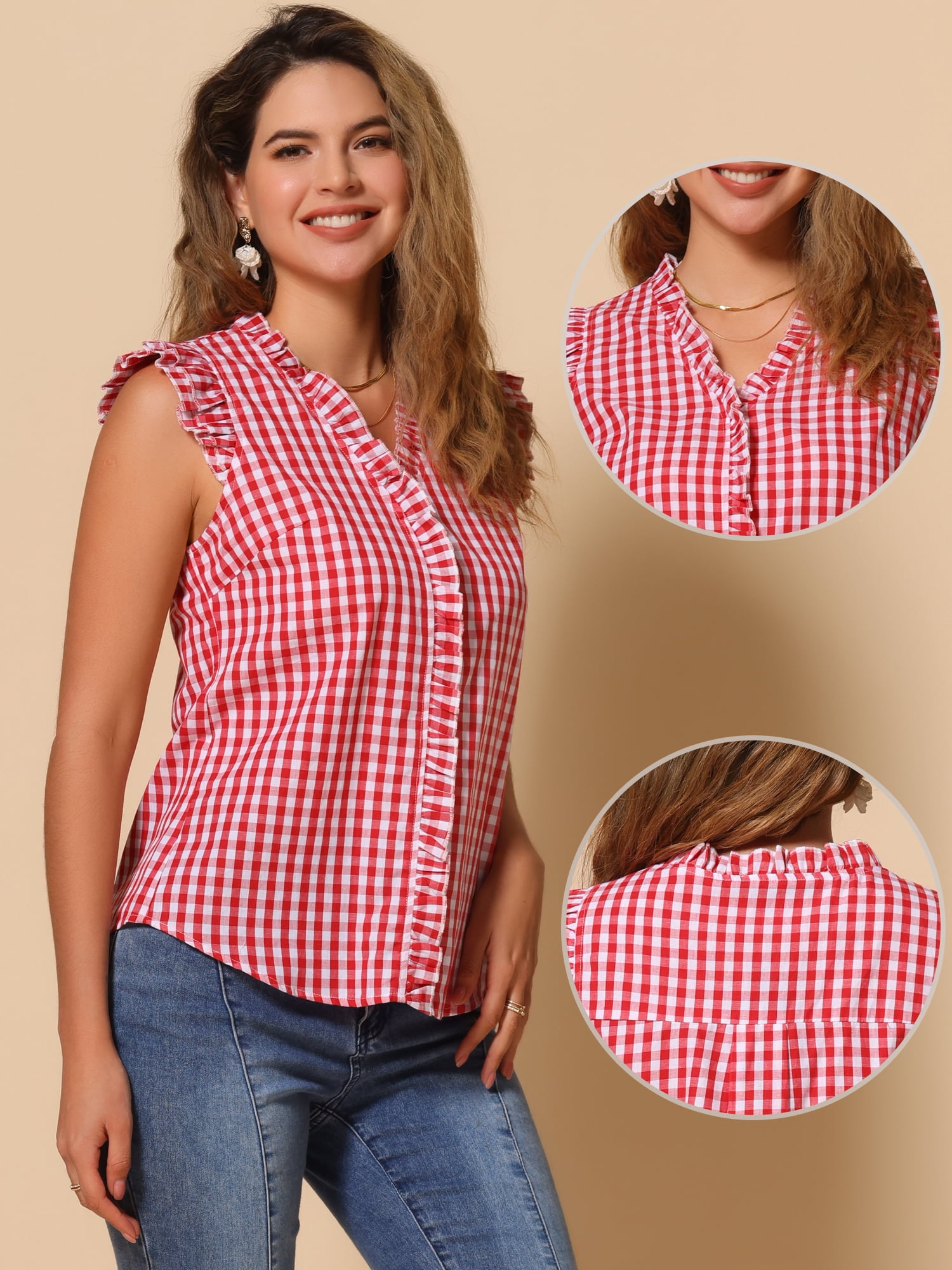 DARING DIVA Women's Ruffle Shirt Vintage Cap Sleeve Checkered Blouse S Hot Pink