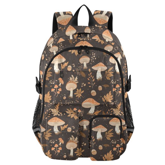 DIXRUYEE Pattern Mushrooms Leaves Black Pattern Backpack for School 14”Laptop Compatible with Reflective Safety Strips