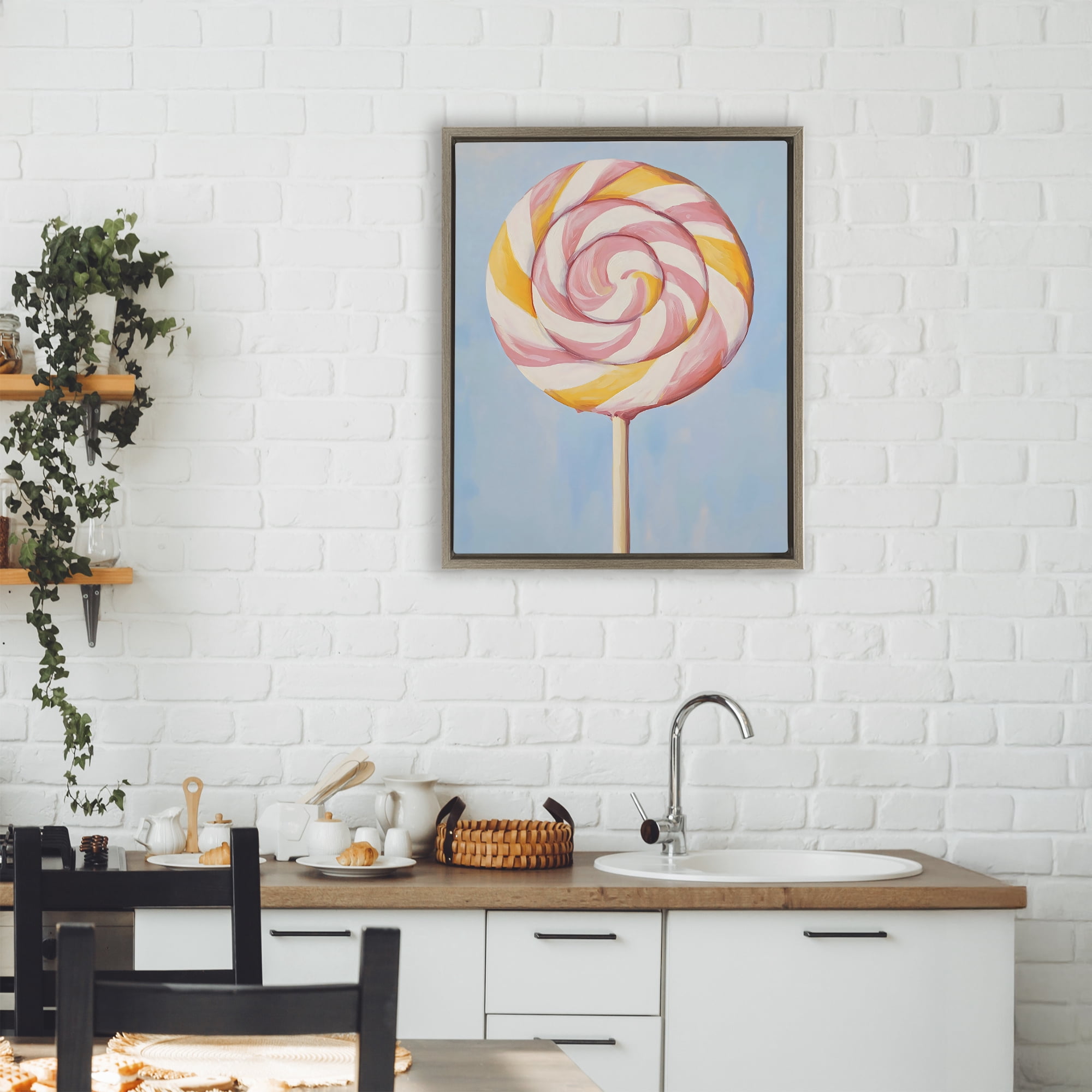 Stupell Industries Lollipop with Pink & Orange Swirl Brown Framed Floater Canvas Wall Art, design by The Prints Vibe