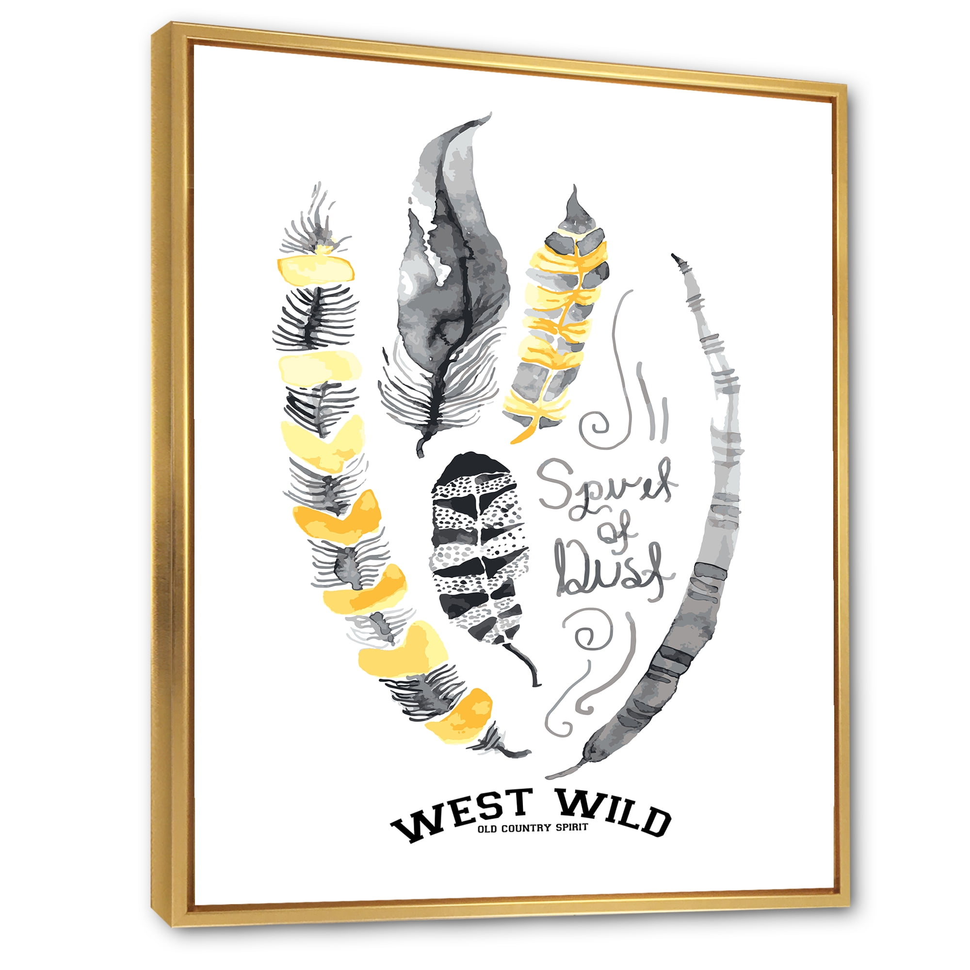 Designart 'Yellow Ethnic Plume Feathers On White' Bohemian & Eclectic Framed Canvas Wall Art Print