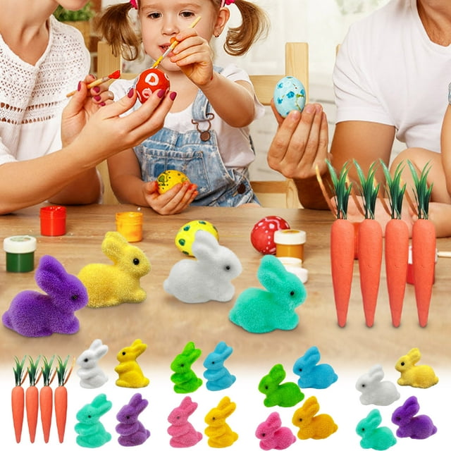 Adornos colgantes de zanahoria y conejo de Pascua - 4 zanahorias y 4 conejos con purpurina y cinta - Decoraciones de espuma para fiestas de Pascua y decoración del hogar