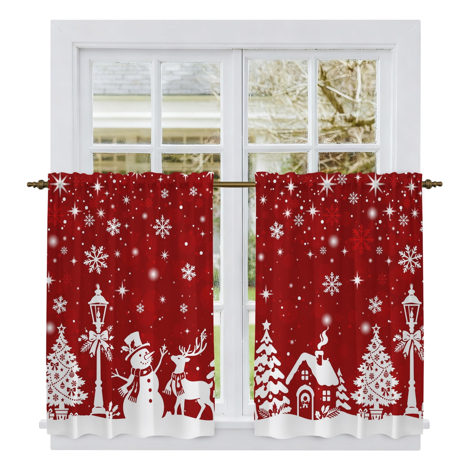 Red Christmas Tier Curtains 54 Inch Length Snowman Elk Xmas Tree Town Snowflake Cafe Short Curtains for Bathroom Over Sink Small Kitchen Curtain Light Filtering Tiered Drapes 2 Panels 27.5 Wx54 L