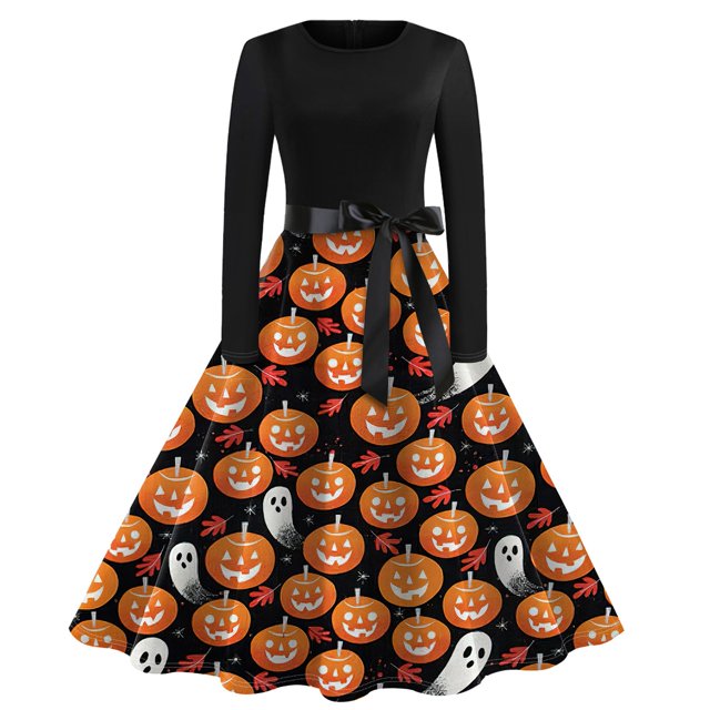 Vestido de Halloween de manga larga para mujer con estampado de fantasmas y murciélagos, vestido midi vintage de corte A con cinturón