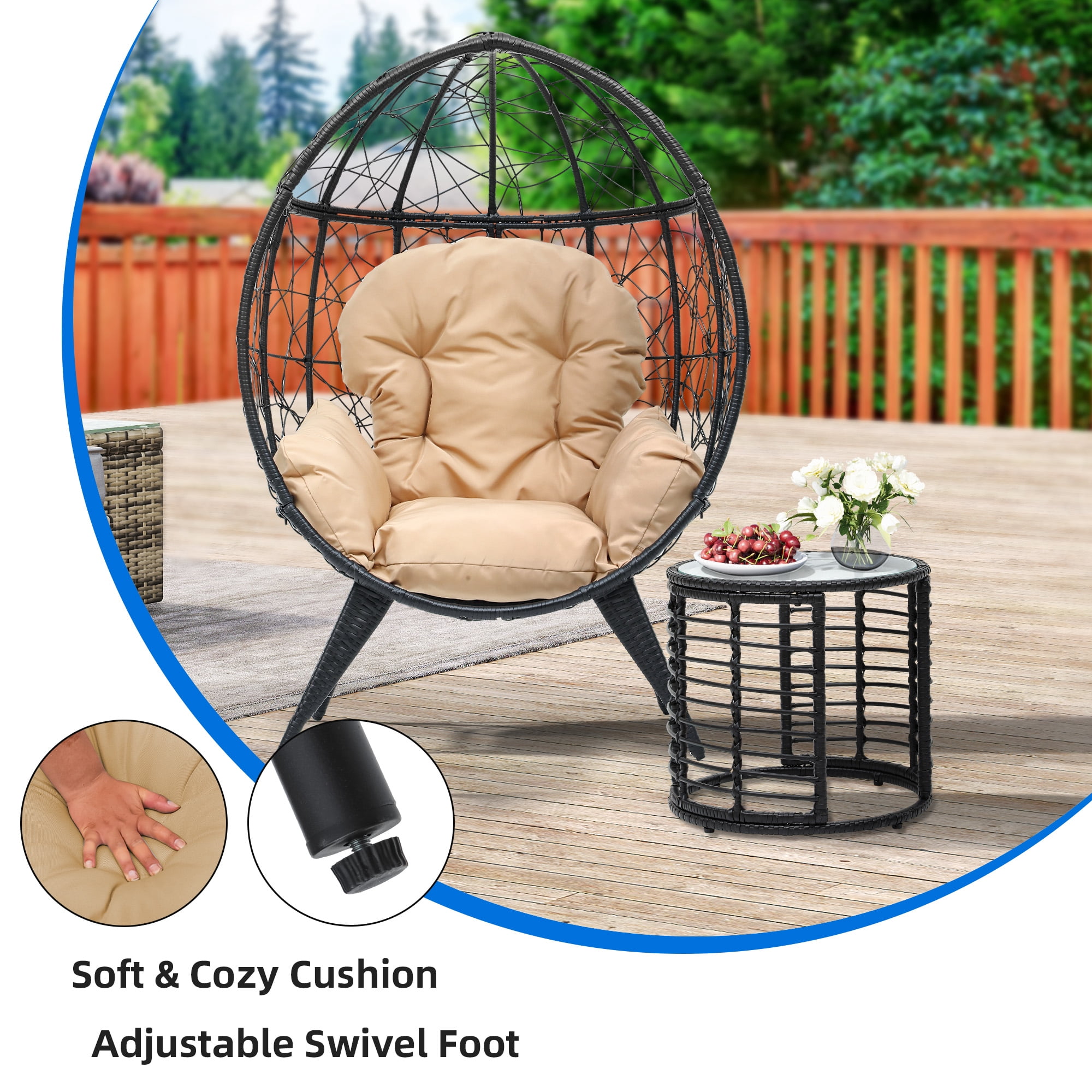 Uforic Outdoor PE Rattan Egg Chair with Table&Cushion for Patio, Garden, Backyard, Porch, Beige