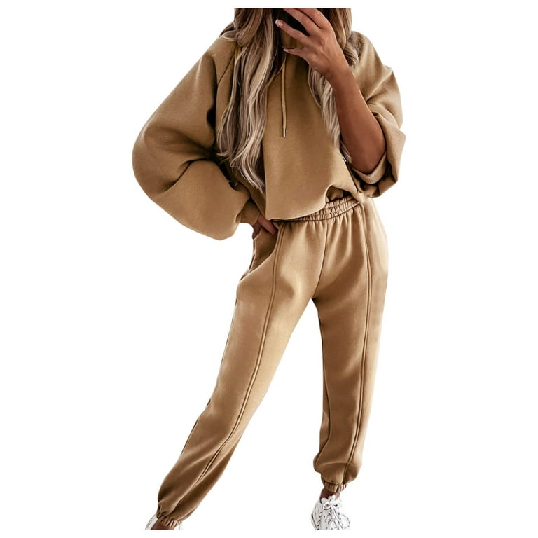 Pxiakgy trousers for women Women's 2 Piece Outfits Casual Long Sleeve  Pullover Hooded Solid Lounge SetsWomen's Trousers Suit Khaki + M