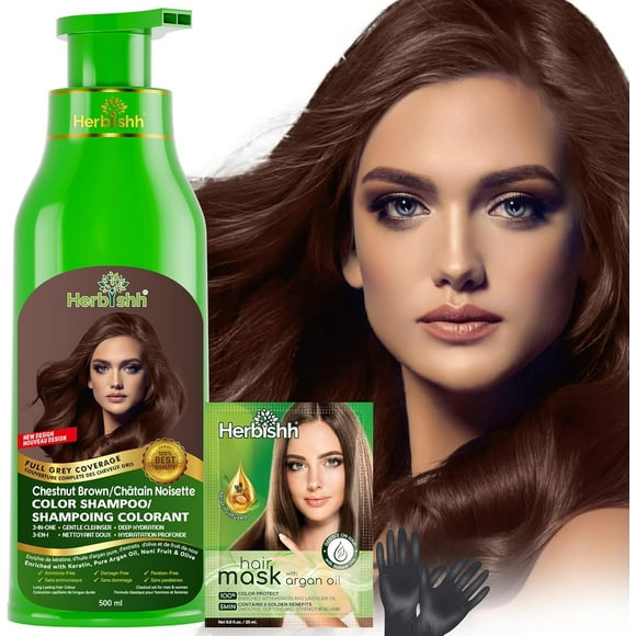 Herbishh Chestnut Brown Hair Color Shampoo for Gray Hair, Hair Dye Shampoo 3 in 1, 100% Gray Coverage, Permanent Hair Color for Men & Women, Ammonia-free, 500 ml